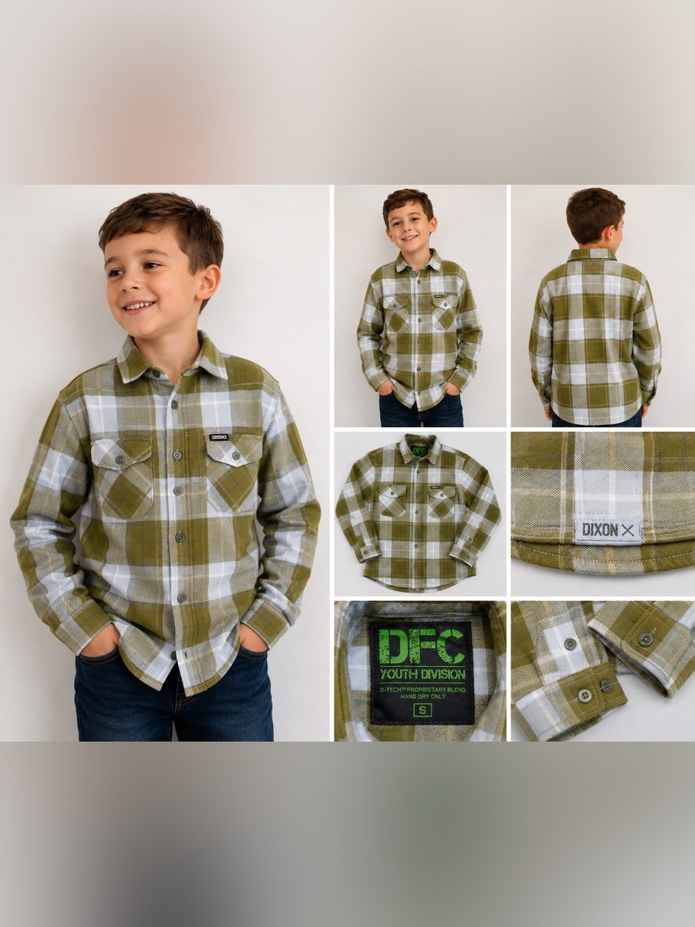 Dixxon Youth Division Plaid Flannel Shirt Boys Small Green Gray Button Up